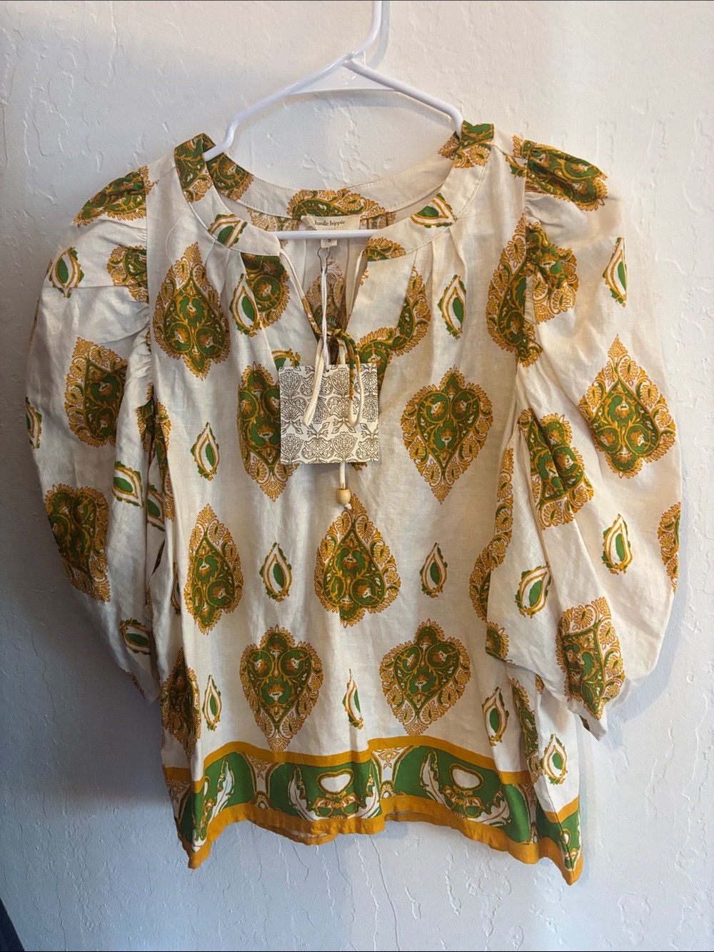 Haute Hippie White Tunic with Green & Gold Paisley Print